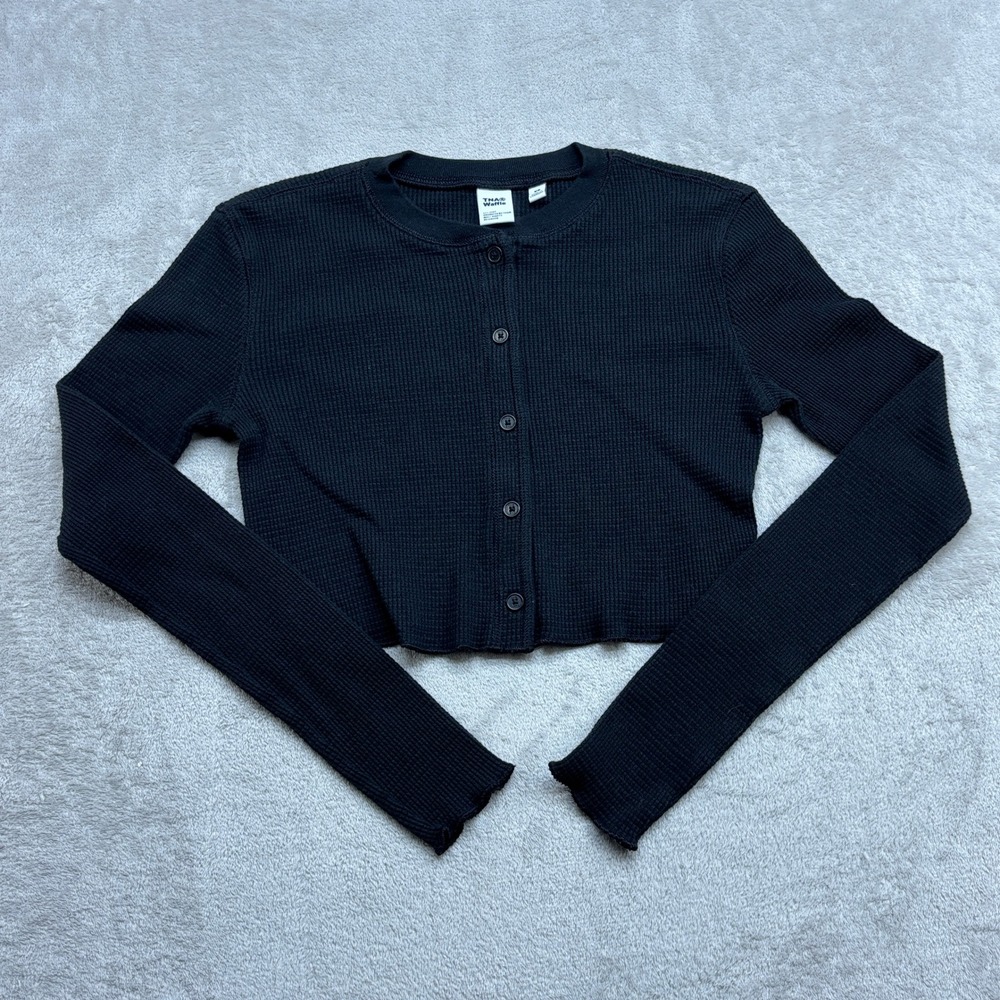 TNA Waffle Knit Cardigan Women XS Black Cropped Button Front Thermal Long Sleeve